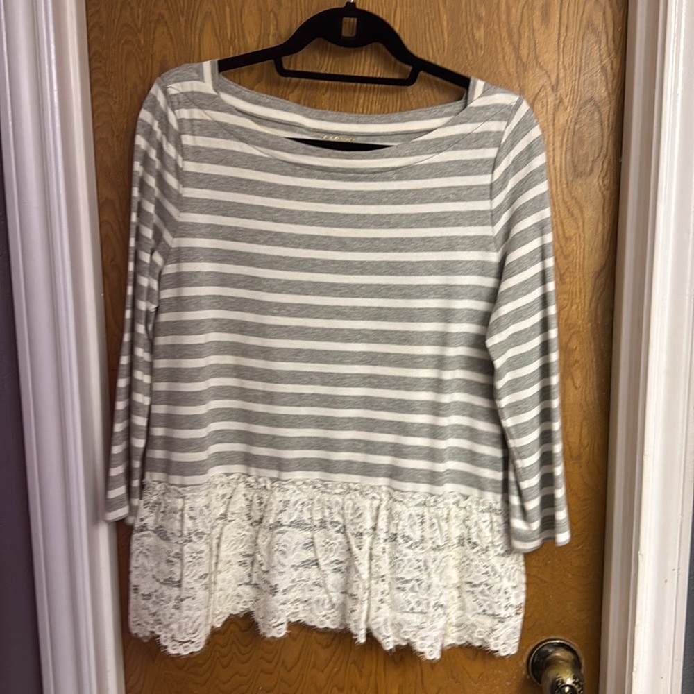 Kate spade Striped Gray and White Lace Hem Top